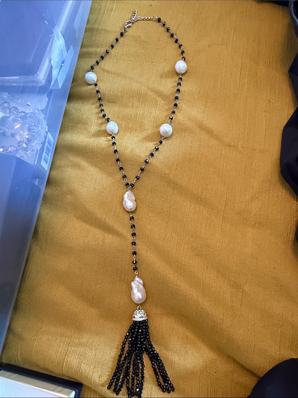 Classic Black Bead and White Pearl Tassel Necklace